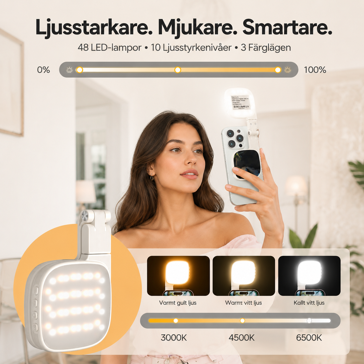 GlowMirror™ Magnetisk Selfiespegel med Fyllnadsljus